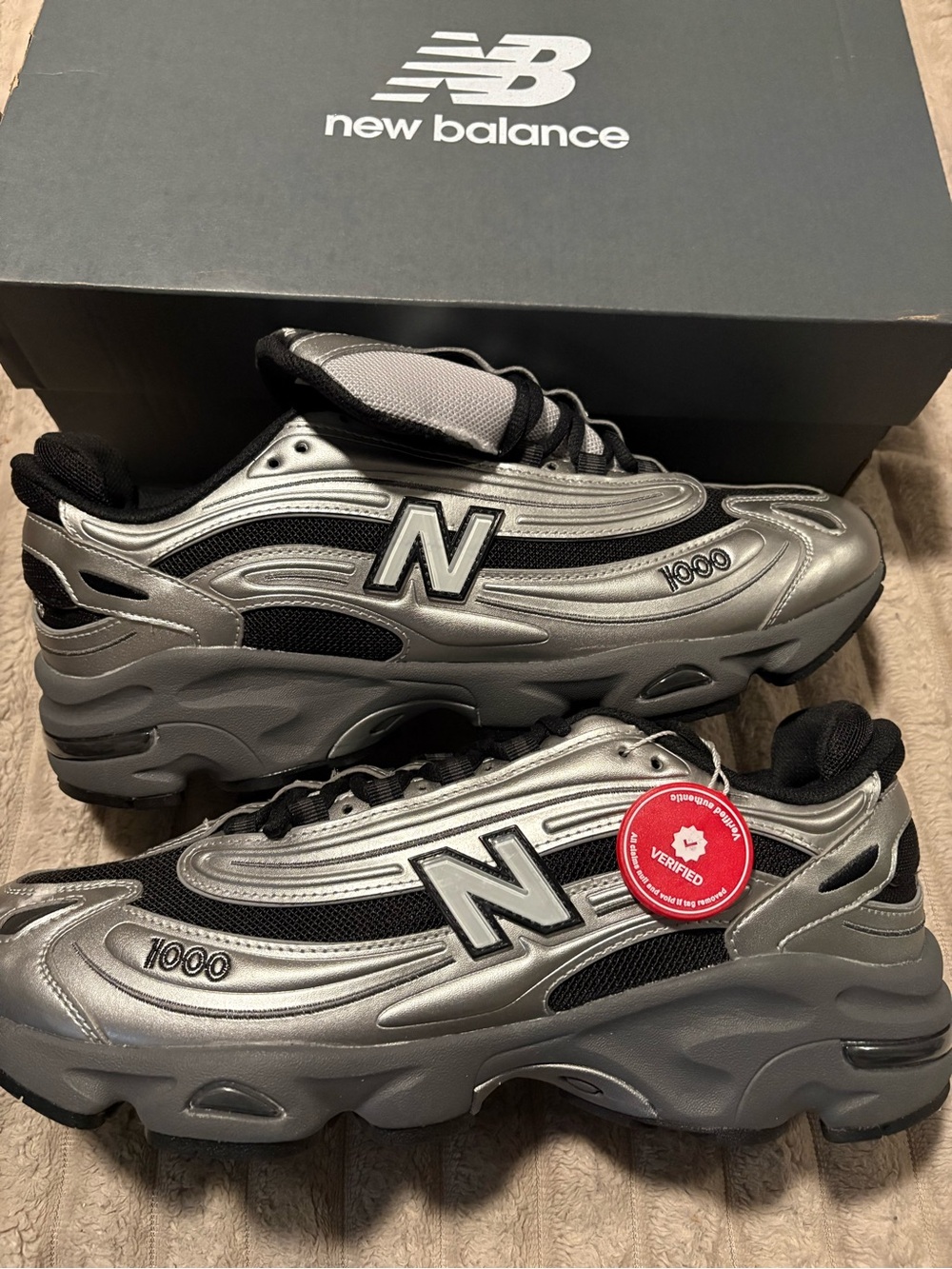 New Balance Silver and Black Athletic Sneakers with Red Verified Tag size 12 NWT